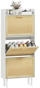 HOMCOM Dulap pentru pantofi 3 uși rabatabile etajeră efect rășină împletită design boem 65 x 24,5 x 153 cm alb | Aosom Romania