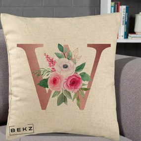 Cadou Personalizat - Perna Personalizata Monograma Rose Gold Litera W cu Trandafiri si Anemona, 40x40 cm, Bej, Husa Detasabila, Perna Inclusa, BEKZ®