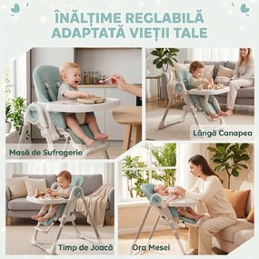AIYAPLAY Scaun de Masă Pliabil pentru Copii 6-36 Luni cu Înălțime Reglabilă, Tăviță Dublă Lavabilă, Roți, Verde | Aosom Romania