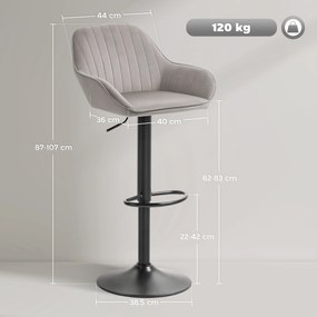 HOMCOM Lot de 2 scaune de bar, scaune de bar din catifea cu spătar, suport de picioare, înălțime reglabilă și pivotante gri | Aosom Romania
