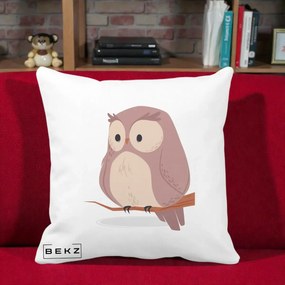 Perna Decorativa Bufnita Kawaii pe Creanga, 40x40 cm, Alba Mata, Husa Detasabila, Perna Inclusa, BEKZ®