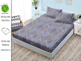 Husa de pat cu elastic 180x200 din Bumbac Finet + 2 Fete de Perna - Geometric Mov