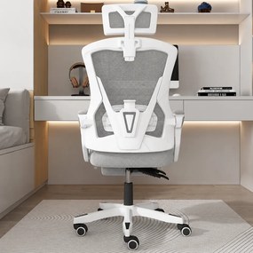 Scaun ergonomic cu suport lombar, pivotant 360°, tetieră reglabilă, suport pentru picioare, Mesh, Alb/Gri