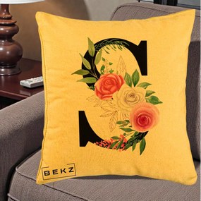 Cadou Personalizat - Perna Personalizata Monograma Florala Litera S, 40x40 cm, Galben, Husa Detasabila, Perna Inclusa, BEKZ®