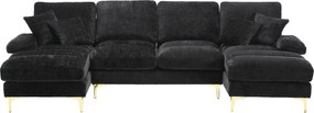 Canapea modulară mare, modernă, în formă de U, din chenille, cu dublu șezlong rabatabil, Negru