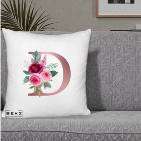 Cadou Personalizat - Perna Personalizata Monograma Rose Gold Litera D, 40x40 cm, Alb Pufos, Husa Detasabila, Perna Inclusa, BEKZ®