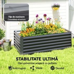 Outsunny Pat de Grădină Ridicat pentru Exterior cu Fund Deschis și Bare de Susținere, Jardinieră din Oțel Galvanizat, pentru Flori, Legume, Balcon sau Grădină, 180x90x57,5 cm, Gri Închis | Aosom Romania