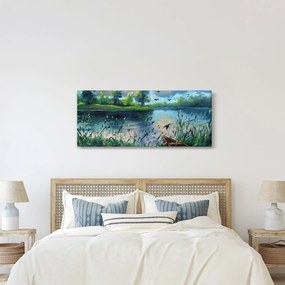 Tablou- Pictură în ulei, seară de vară lângă lac (120x50 cm)