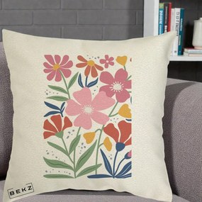 Perna Decorativa Flori Grafice Roz si Terracotta, 40x40 cm, Ecru, Husa Detasabila, Perna Inclusa, BEKZ®
