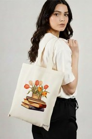 Sacosa de Panza pentru Cumparaturi, Geanta Tote, model Books and flowers 13 38 x 34.5 cm, Alba, BEKZ®