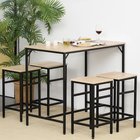 HOMCOM Set Masă de Bar Industrial + 4 taburete cu suport pentru picioare din lemn culoare Stejar Deschis Cadrul negru metalic | Aosom Romania
