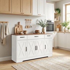 HOMCOM Bufet, mobilier de depozitare pentru bucătărie în stil rustic cu 4 uși tip hambar, 3 sertare, etajere reglabile, alb | Aosom Romania