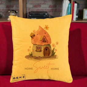 Perna Decorativa Home Sweet Home Casuta, 40x40 cm, Galben, Husa Detasabila, Perna Inclusa, BEKZ®