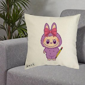 Perna Personalizata Labubu Mov cu Funda Rosie si Creion, 40x40 cm, Ecru, Husa Detasabila, Perna Inclusa, BEKZ®