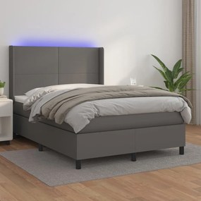 3139263 vidaXL Pat cu arcuri, saltea și LED, gri, 140x190 cm, piele ecologică