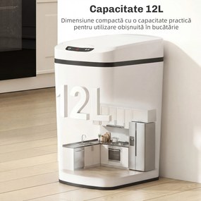 HOMCOM Coș de Gunoi de 12L cu Senzor Infraroșu, Buton Touch și Găleată Detașabilă, Coș de Gunoi din Oțel Inoxidabil, ABS și PP, 28x22x41 cm, Alb | Aosom Romania