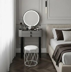 Set Bianca, Masă de toaletă pentru machiaj cu oglindă iluminată LED, control touch, taburet tapitat, 60x38x76 cm, Gri/Negru