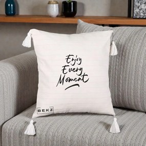 Perna Decorativa Enjoy Every Moment, 40x40 cm, Bej cu Franjuri, Husa Detasabila, Perna Inclusa, BEKZ®