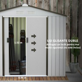 Sopron de gradina din tabla de otel, casuta de gradina cu usi glisante, pentru depozitare si organizare 213x130x185 cm, alb Outsunny | Aosom Romania