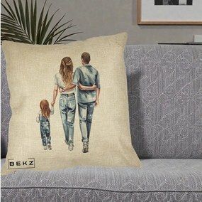 Cadou pentru Familie - Perna Personalizata Familie Acuarela Jeans, 40x40 cm, Crem, Husa Detasabila, Perna Inclusa, BEKZ®