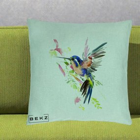 Perna Decorativa Colibri Acuarela, 40x40 cm, Verde Menta, Husa Detasabila, Perna Inclusa, BEKZ®