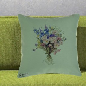 Perna Decorativa Buchet Floral Acuarela Primavara, 40x40 cm, Verde, Husa Detasabila, Perna Inclusa, BEKZ®