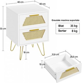 NOA232 - Set 2x Noptiere albe 40 cm, cu 2 sertare - Alb - Auriu