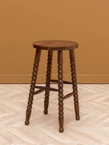Scaun de bar din lemn de mango cu picioare sculptate, finisaj maro antichizat lucios, 66×36 cm, „Bolia"