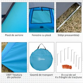 Outsunny Cort Camping 2 Persoane, Cort Automat Pop-up Iglu, 220x108x110 cm, Albastru | Aosom Romania