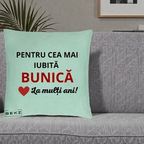 Cadou pentru Bunica - Perna Personalizata Pentru Cea Mai Iubita Bunica La Multi Ani Rosu, 40x40 cm, Verde Menta, Husa Detasabila, Perna Inclusa, BEKZ®