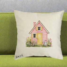 Perna Decorativa Casuta Roz Acuarela cu Gradina, 40x40 cm, Ecru, Husa Detasabila, Perna Inclusa, BEKZ®