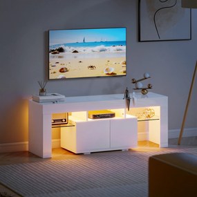 HOMCOM Dulap TV, mobilier TV cu iluminare LED RGB, finisaj ultra-lucios, rafturi din sticlă securizată, 120x34x45cm, alb | Aosom Romania