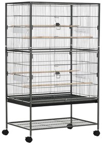 Cusca papagali de Interior din Otel si Lemn cu Tavă Detasabila, 4 Roți, Recipient pentru Alimente 78x52x132cm, Gri Inchis PawHut | Aosom Romania