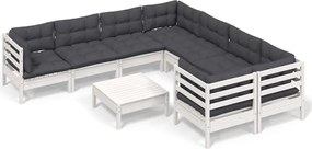 vidaXL Set mobilier de grădină cu perne, 9 piese, alb, lemn de pin