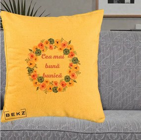 Cadou pentru Bunica - Perna Personalizata Cea Mai Buna Bunica Coronita Flori Multicolore, 40x40 cm, Galben, Husa Detasabila, Perna Inclusa, BEKZ®