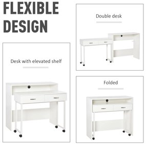 HOMCOM Birou Dublu Ergonomic Separabil cu Role, Rafturi Interioare pentru Organizare Eficientă, Design Modern, Alb, 100x36x88 cm | Aosom Romania