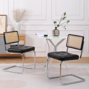 Set de 2 scaune de prânz din ratan, spătar din plasă fără brațe, picioare din metal cromat, Negru
