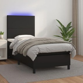 vidaXL Pat continental cu saltea &amp; LED, negru, 80x200 cm, piele eco