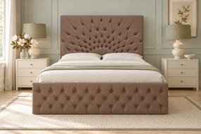 Pat tapițat Chesterfield din catifea Venezia 160×200 cm, cappuccino, cu ladă de depozitare