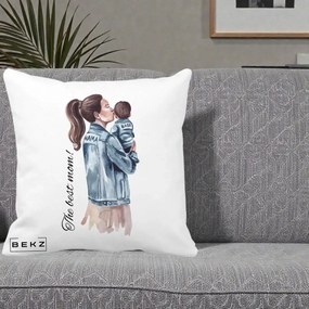 Cadou pentru Mama - Perna Personalizata The Best Mom Jachete, 40x40 cm, Alba Mata, Husa Detasabila, Perna Inclusa, BEKZ®