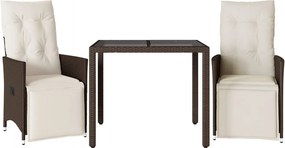 vidaXL Set bistro de grădină, 3 piese, cu perne, maro, poliratan