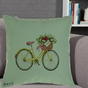 Perna Decorativa Bicicleta Galbena cu Cos de Flori Primavara, 40x40 cm, Verde, Husa Detasabila, Perna Inclusa, BEKZ®