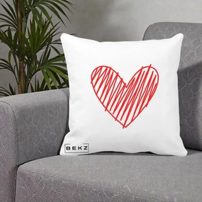 Perna Decorativa Inima Rosie Desen Manual, 40x40 cm, Alba Mata, Husa Detasabila, Perna Inclusa, BEKZ®