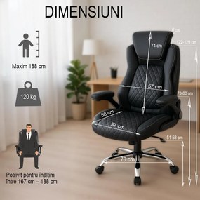 Scaun directorial negru tapitat cu piele ecologica, suport lombar, tetiera reglabila OFF 651