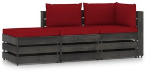 Set mobilier gradina cu perne, 3 piese, gri, lemn tratat wine red and grey, 3