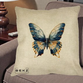 Perna Decorativa Fluture Albastru Auriu Elegant, 40x40 cm, Crem, Husa Detasabila, Perna Inclusa, BEKZ®