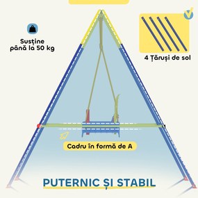 AIYAPLAY Leagăn de Grădină pentru Copii 3-în-1, Leagăn pentru Bebeluși Interior și Exterior, Înălțime Reglabilă, Cadru Pliabil din Oțel, Centură de Siguranță, Ușor de Montat, 9 Luni - 8 Ani, Albastru | Aosom Romania