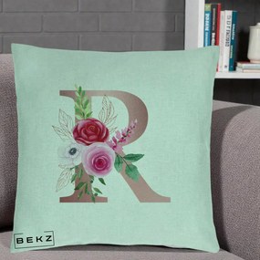 Cadou Personalizat - Perna Personalizata Monograma Rose Gold Litera R, 40x40 cm, Verde Menta, Husa Detasabila, Perna Inclusa, BEKZ®