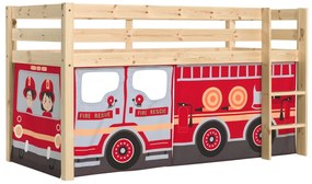 Pat copii inaltime medie lacuit natural cu perdea Fire Truck / PINO - Vipack