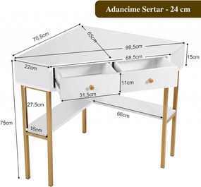 BIA6 - Masa de birou pe colt, 70 cm, home office cu 2 sertare - Alb-Auriu